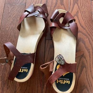 Swedish Hasbeens peep toe low. Brown leather. Worn once.